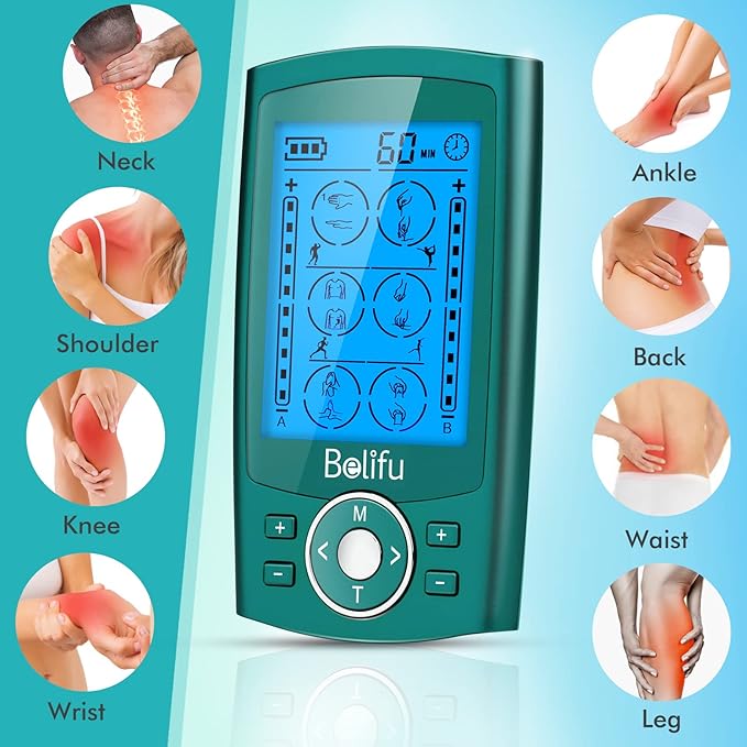 Belifu Dual Channel TENS EMS Unit 24 Modes Muscle Stimulator for Pain Relief Therapy, Electronic Pulse Massager Muscle Massager with 10 Pads, Dust-Proof Drawstring Storage Bag, Fastening Cable Ties