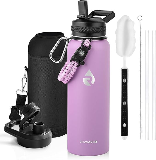 Insulated Water Bottle 40 oz, Triple Wall Vacuum Stainless Steel (Cold for 48 Hrs), Leak Proof & Non-BPA, Modern Water Flask Jug with Paracord Handle & Straw Spout Lids, Lilac