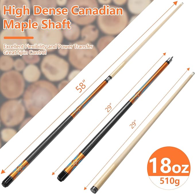 Billiard Cues Stick, 58" Pool Cues Canadian Maple Wood Leather Pattern Grip 18 19 20 21 oz Pool Cue Stick for Bar House Pool Table Sports