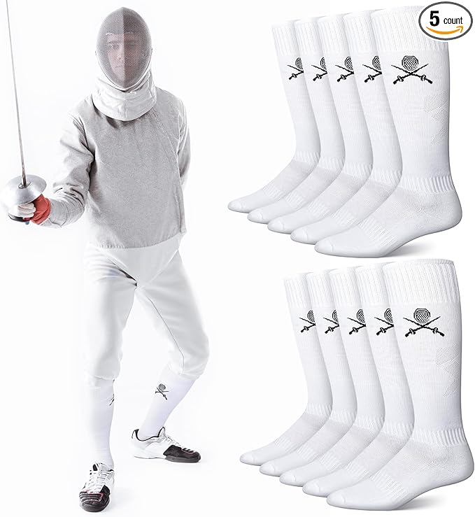 5 Pairs Fencing Socks for Epee Sabre and Foil White Cotton Knee High Socks Comfortable Support Athletic Stockings for Men Youth