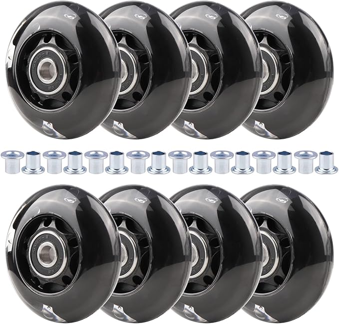8pcs Inline Skate Wheels Led Light-Up Wheels 64/70/72/76/80mm w/Bushings 85-88A for Kids and Youth Beginners Children's Inline Skates Indoor/Outdoor Use (Black, 64mm)