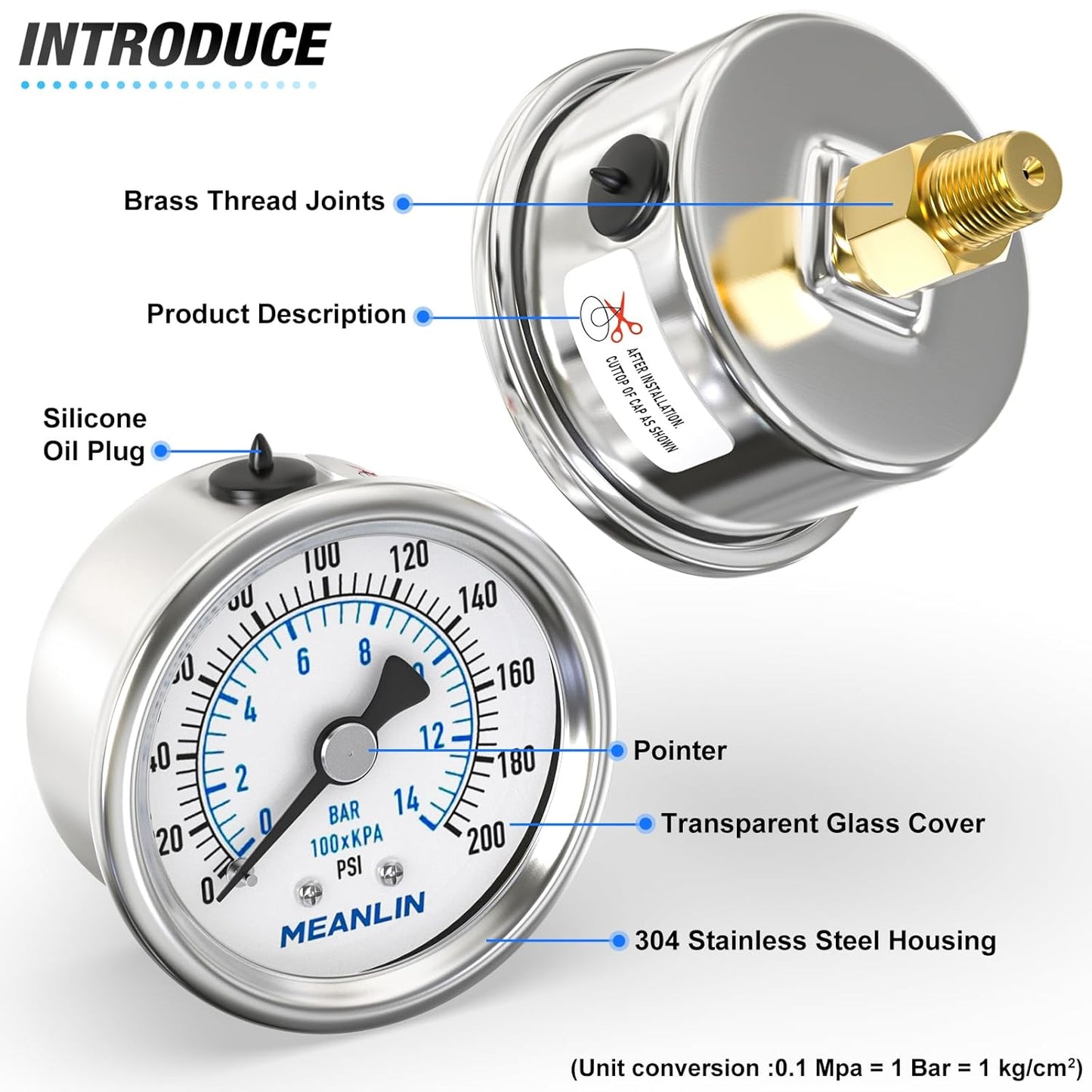 MEANLIN MEASURE 0~200Psi Dry Pressure Gauge Stainless Steel 1/8" NPT 2" FACE DIAL Waterproof for Air Compressor Air Regulator Water Filter Center Back Mount, with 1/4" NPT and 3/8" NPT Hex Bushing
