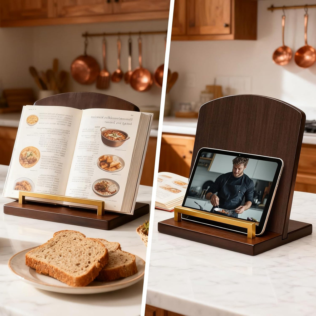 Beautiful Cookbook Stand with Removable Cutting Board,2 in 1 Bamboo Recipe Book Holder,Charcuterie Board & Kitchen Serving Tray,Durable Cook Book Holder Stand Easily Keeps Cook or Recipe Books Open
