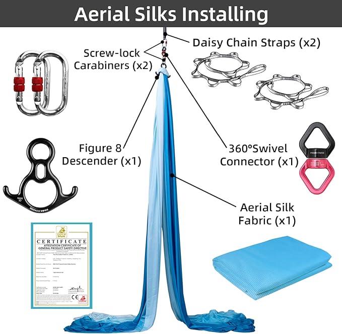 PRIOR FITNESS Aerial Silks Kit Colorful 9/15/20 Yards 40D Nylon Fabric Hammock Set With Hardware & Guide for All Levels Of Aerial Yoga Practice and Acrobatic Flying For Adults Aerial silk