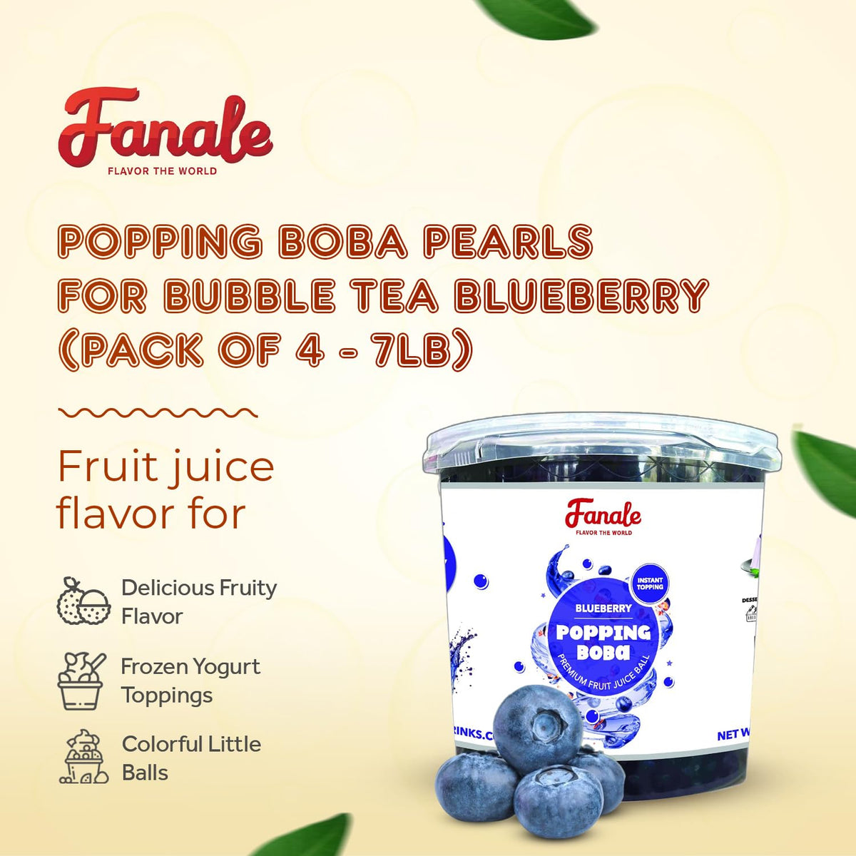 Fanale Blueberry Popping Boba Pearls, Vegan, Non GMO, Gluten Free, Fat Free, Perfect for Bubble Tea, Smoothies, Ice Cream, Desserts, and Beverages.