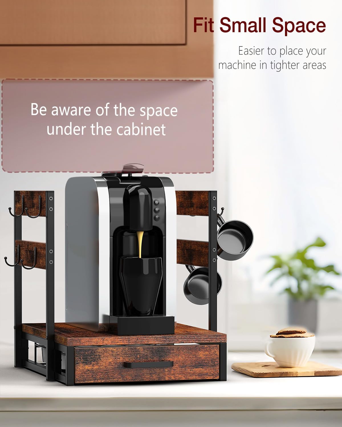 Coffee Pod Drawer Compatible with Nespresso Original Line, 63 Pods Coffee Organizer with Cup Holder, Durable Coffee Maker Stand with Storage Drawer, Rustic Brown