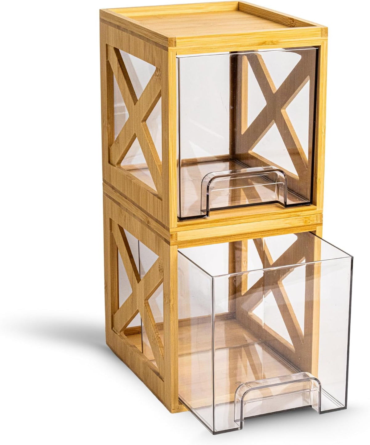 Bamboo Snack & Pantry kitchen Organizer – 2 Pack Bamboo Stackable Storage Drawers – Pull Out Storage for Cookies, Spices, Coffee Pods & K Cups – Clear Acrylic Drawer for Countertop Use