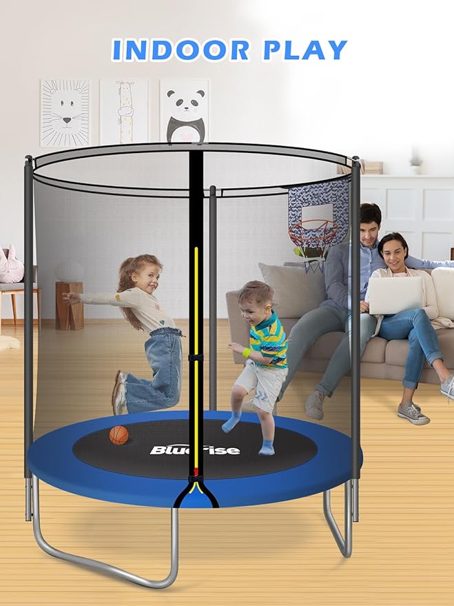 BLUERISE Trampoline 55IN 6FT Toddler Trampoline for Kids Indoor Outdoor Play for Kids Trampoline Basketball Hoop Attachment with Enclosure Net Easy to Assemble Outdoor Indoor Trampoline