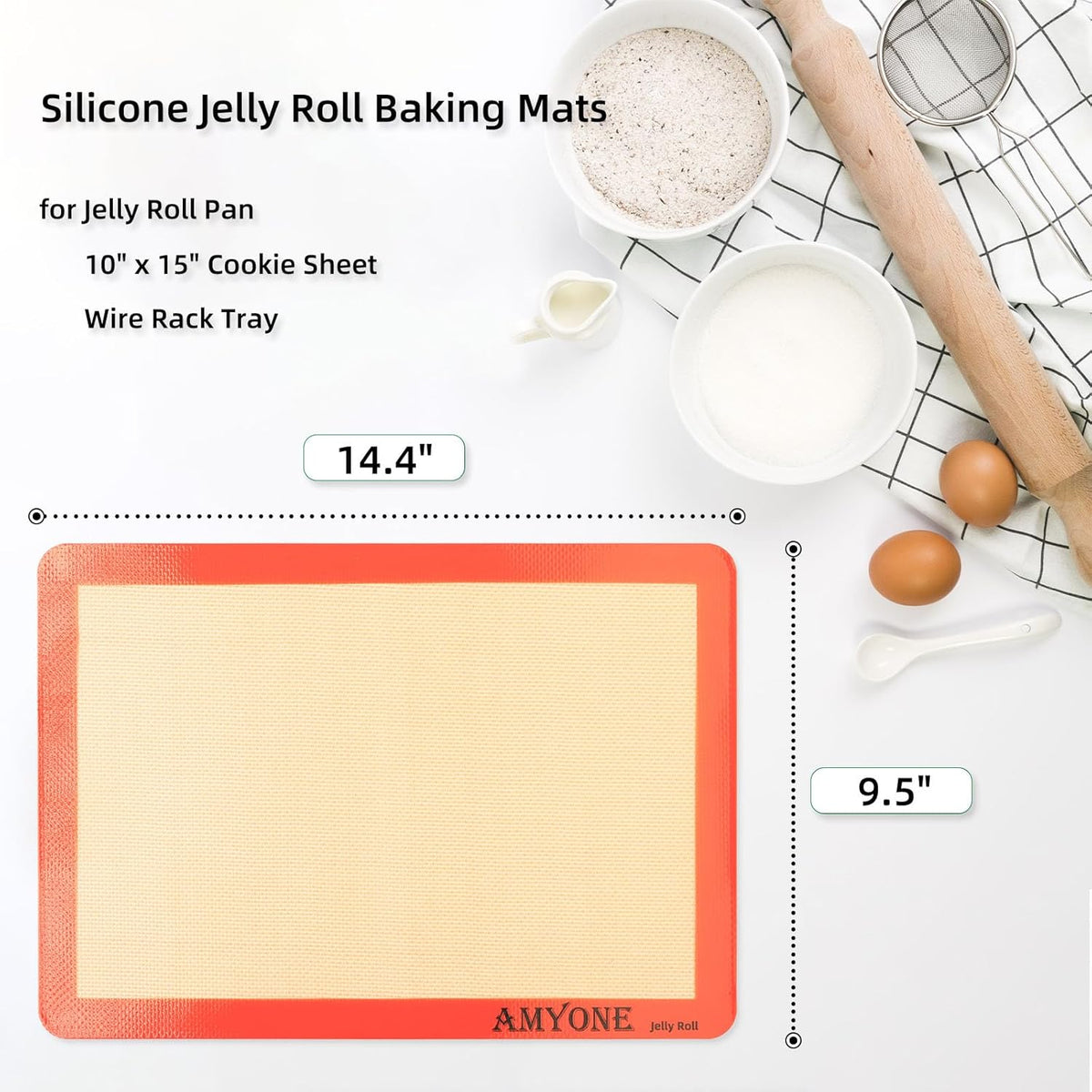 AMYONE Silicone Baking Mat for Jelly Roll Pan, Non-Stick Silicone Baking Sheet Liners Compatible with Nordic Ware Naturals Jelly Roll Pans, 2 Pcs Food Grade Baking Mats for 10 x 15-inch Swiss Roll Pan