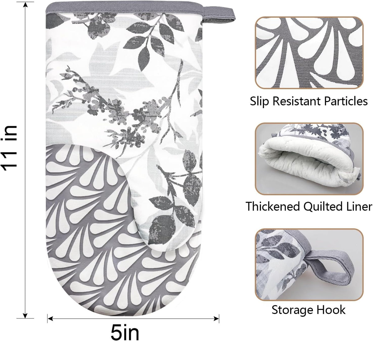Thumb Oven Mitts, Heat and Slip Resistant Silicone Kitchen Mittens 2-Pack Set, Foliage Textured Flower Soft Long Oven Gloves, Flexible Thick Potholders for Safe Baking Cooking and Gr (Grayish)