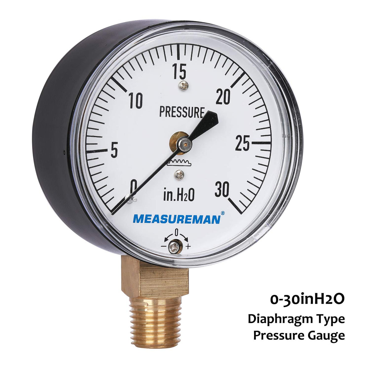 MEASUREMAN Diaphragm Type Capsule Low Pressure Gauge 2-1/2" Dial, 1/4" NPT Lower Mount, Adjustable, 0-30 in H2O(Inches of Water)