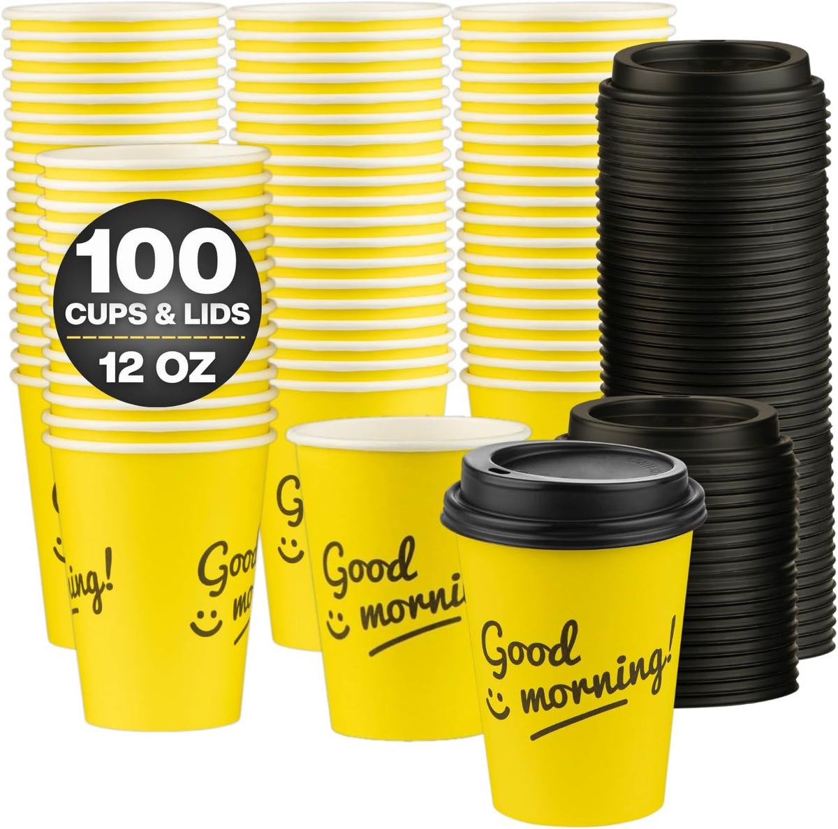 Smygoods Disposable Coffee Cups with Lids, To Go Paper Hot Cups, Good Morning Design (12 OZ, 100 Count) For Hot Beverages, Coffee, Tea, Espresso, Cocoa - Vasos Para Cafe