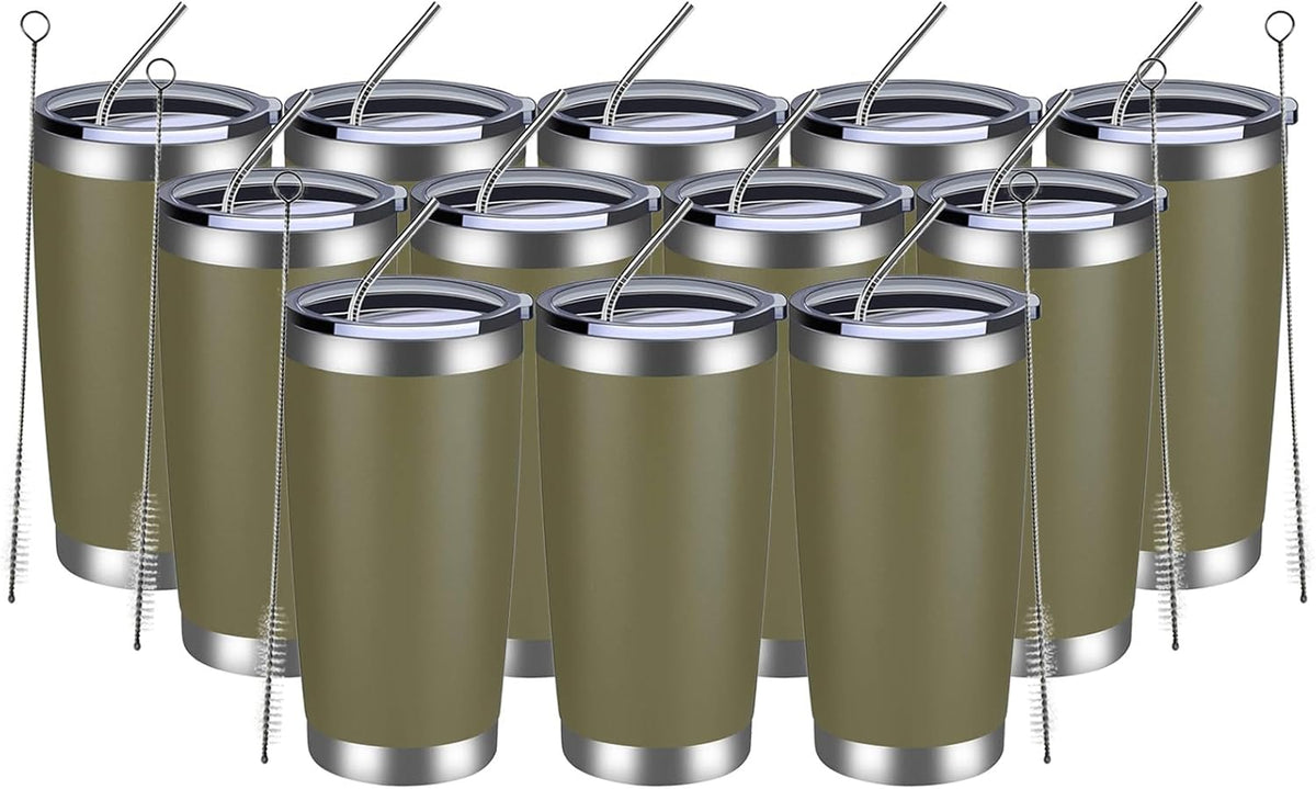 MEWAY 20oz Tumbler 12 Pack Double Wall Vacuum Insulated Travel Mug Bulk, Stainless Steel Tumblers with Lid and Straw, Durable Powder Coated Coffee Cups for Cold & Hot Drinks (Army Green, 12)