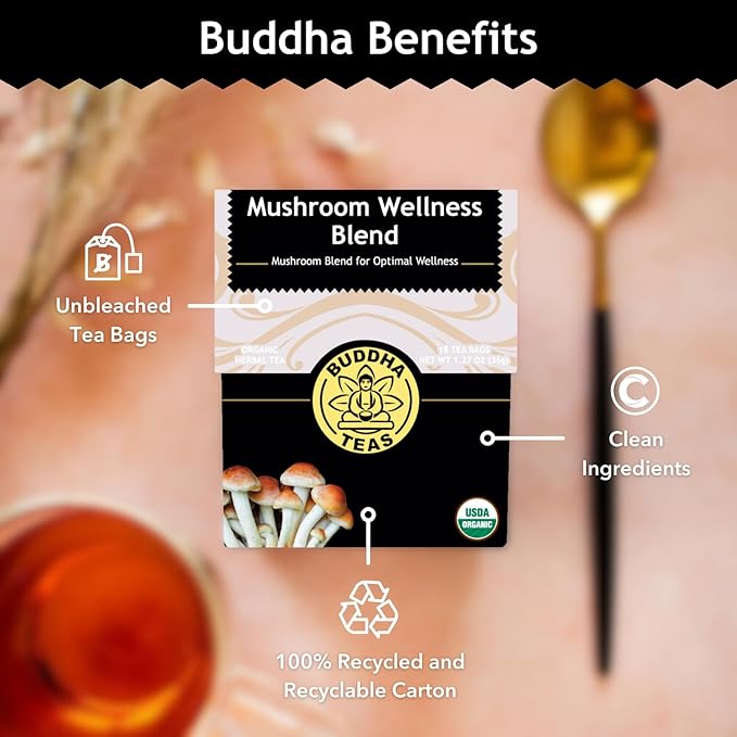 Buddha Teas - Organic Mushroom Wellness Blend - Herbal Tea - For Health & Wellbeing - With Antioxidants & Minerals - Clean Ingredients - Caffeine Free - OU Kosher & Non-GMO - 18 Tea Bags (Pack of 1).