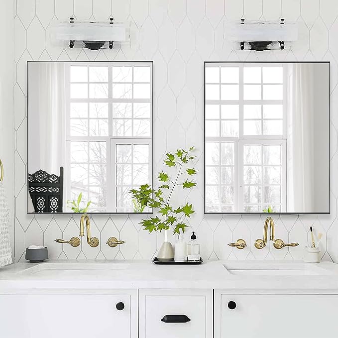 24x30 Inch Black Bathroom Mirror for Wall, Aluminum Frame Rectangle Rectangular Vanity Mirror, Modern Large for Bedroom, Living Room, Horizontal or Vertical