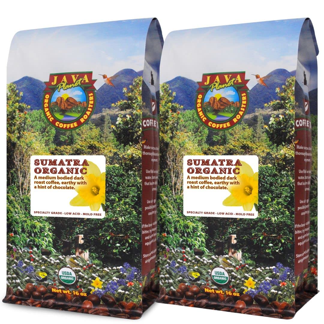 Low Acid Organic Coffee – Whole Bean, Mold-Free & Stomach Friendly by Java Planet, Sumatran Single Origin Coffee, Dark Roast, Smooth Full Flavored, 2x1LB Bag