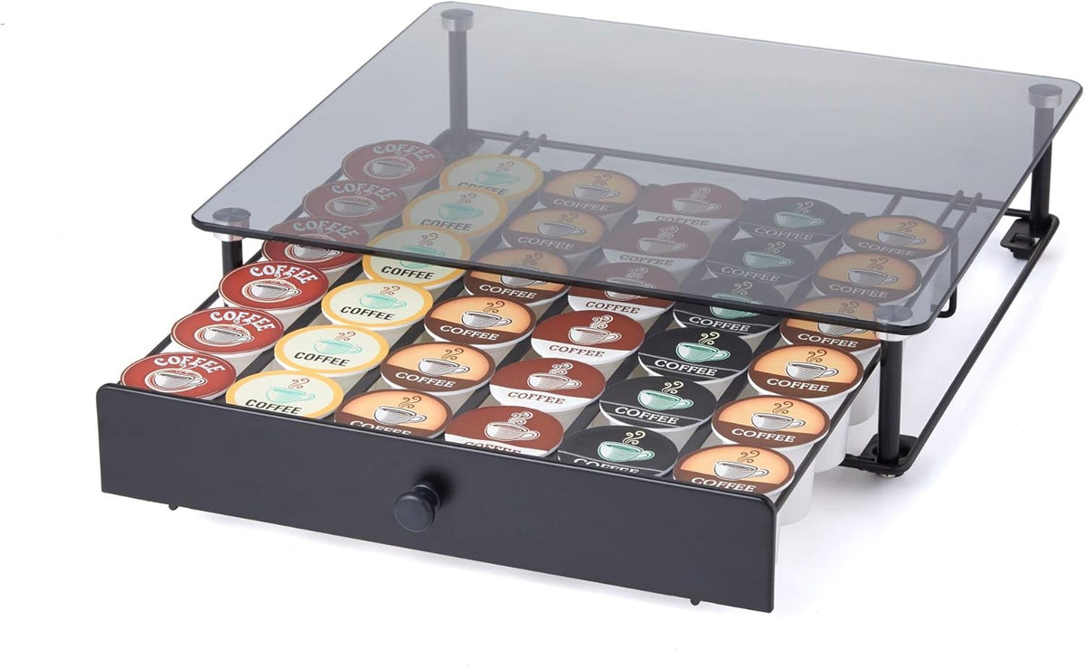 Nifty Rolling Coffee Pod Drawer – Tempered Glass, Black, Compatible with K-Cups, 36 Pod Pack Holder, Compact Under Coffee Pot Storage Drawer, Slim Home Kitchen Counter Organizer
