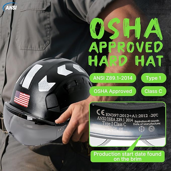 AOLAMEGS Construction Safety Hard Hat - ANSI Z89.1 Type Ι OSHA Approved Safety Helmets with Chin Straps Lightweight Reflective Vented ABS Hard Hats For Men Women Industrial Workwear 6-point Suspension