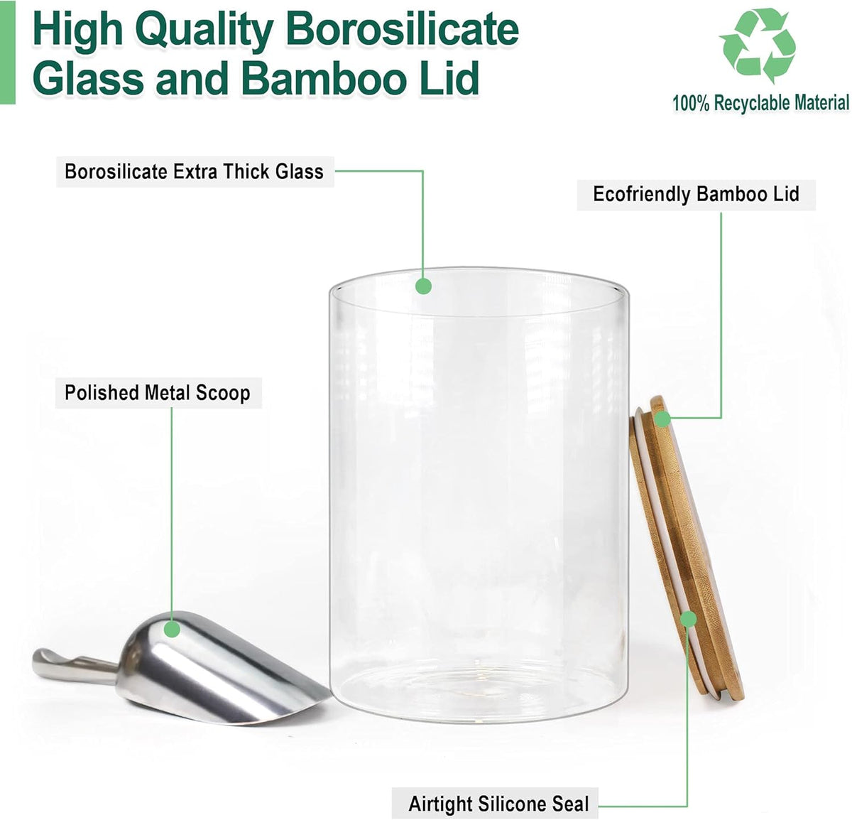 Urban Green Glass Jar with Bamboo Lids (2 sets 100oz) with Metal Scoop, Food Storage Containers with Airtight Lids, Glass Canisters sets, Flour Container Jar