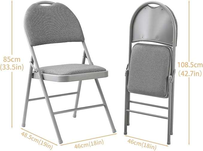 BOOSDEN Folding Chairs Set of 2, Heavy Duty Metal Folding Chairs with Padded Fabric Seats, Big Backrest Foldable Chair for Outdoor & Indoor & Dining & Party, Grey