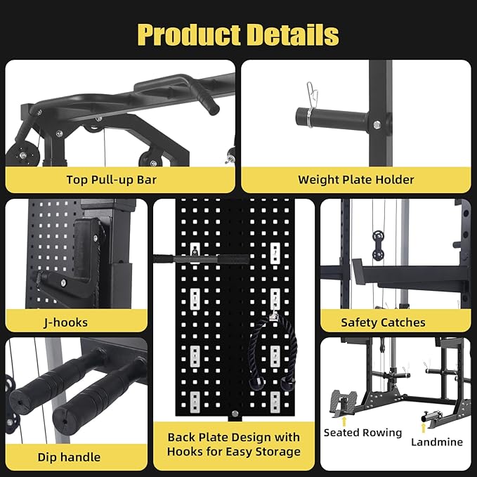 Power Cage, Squat Rack with Cable Crossover and Dual Independent Pulley System, 2000LB Capacity Workout Cage with More Training Attachments, Power Rack for Home Gym