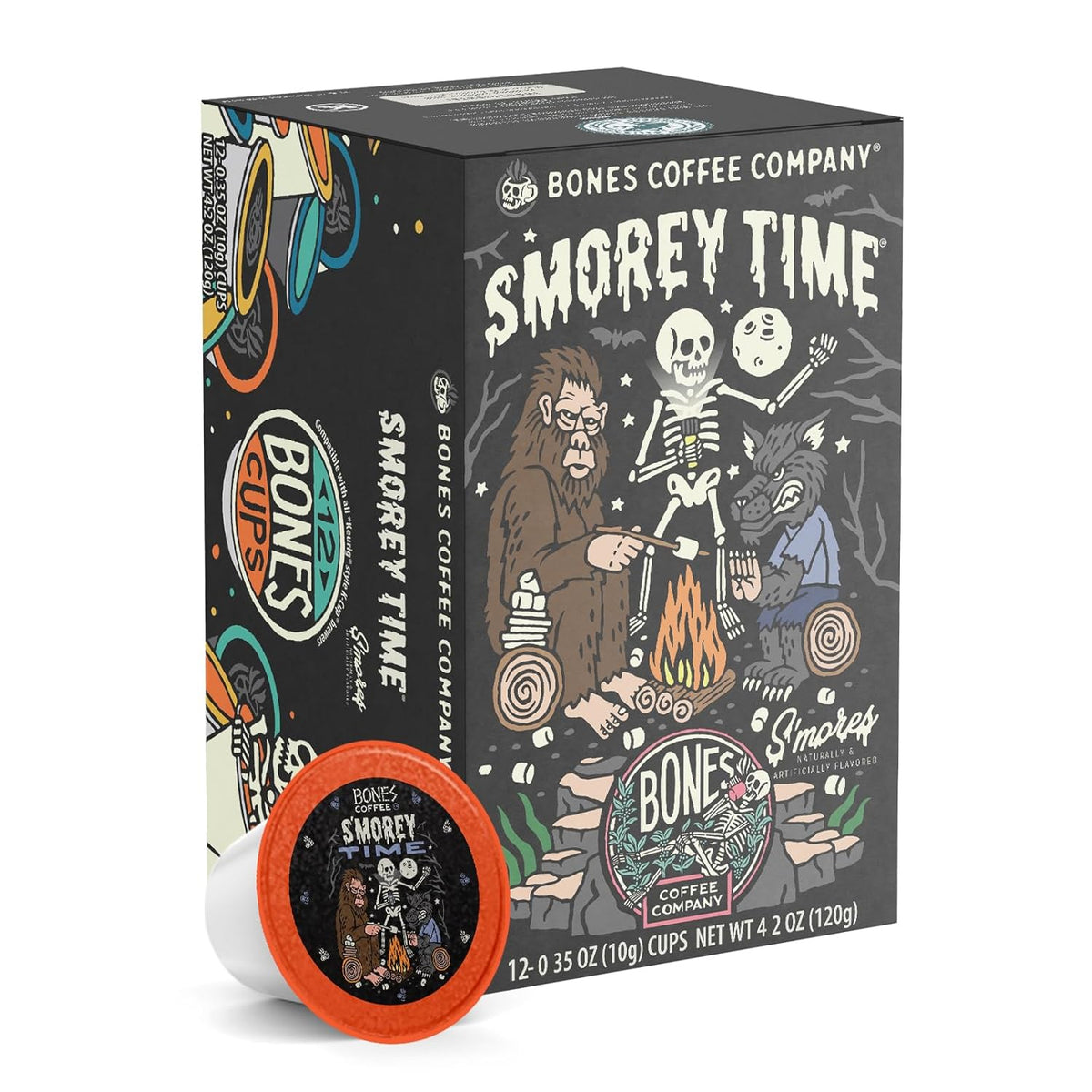 Bones Coffee Company Flavored Coffee Bones Cups S'morey Time S'mores and Graham Crackers | 12ct Single-Serve Coffee Pods Compatible with Keurig 1.0 & 2.0 Keurig Coffee Maker