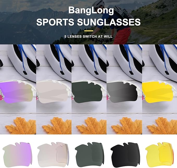BangLong Polarized Sports Sunglasses Cycling Sun Glasses for Men Women with 5 Interchangeable Lenes for Running Baseball Golf