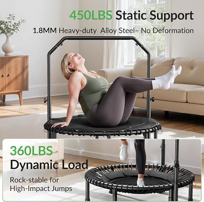 BCAN 40"/48" Rebounder Trampoline for Adult, 450/550LBS Fitness Trampoline with Bungees, Adjustable Handle, Stable & Quiet, Indoor Outdoor, Whole-Body Workout & Relaxation at Home for Women/Men