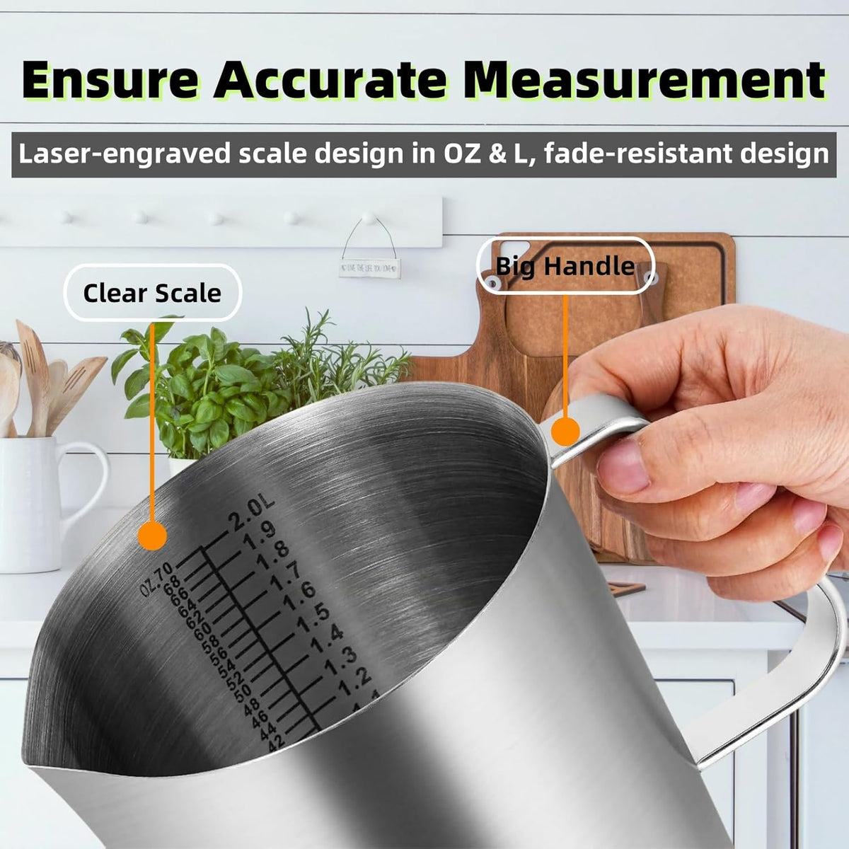 70 oz Stainless Steel Pitcher with Lid and Handle – Large Metal Measuring Cup with Markings, 2 Liter Water Jug for Frothing Milk, Latte Art, Coffee, Iced Tea, Espresso, Hot or Cold Liquids