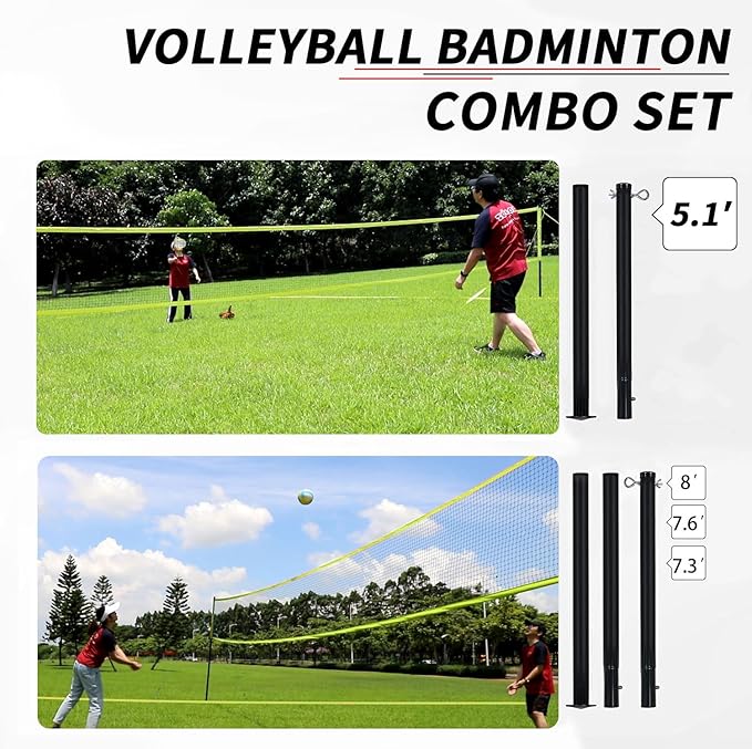 Badminton & Volleyball Combo Set- 32FT Adjustable Professional Volleyball Net for Lawn, Backyard, Easy Set up Volley ball Set with Volley ball,Badminton Racquets,Carry Bag,Boundary Line for Family Fun