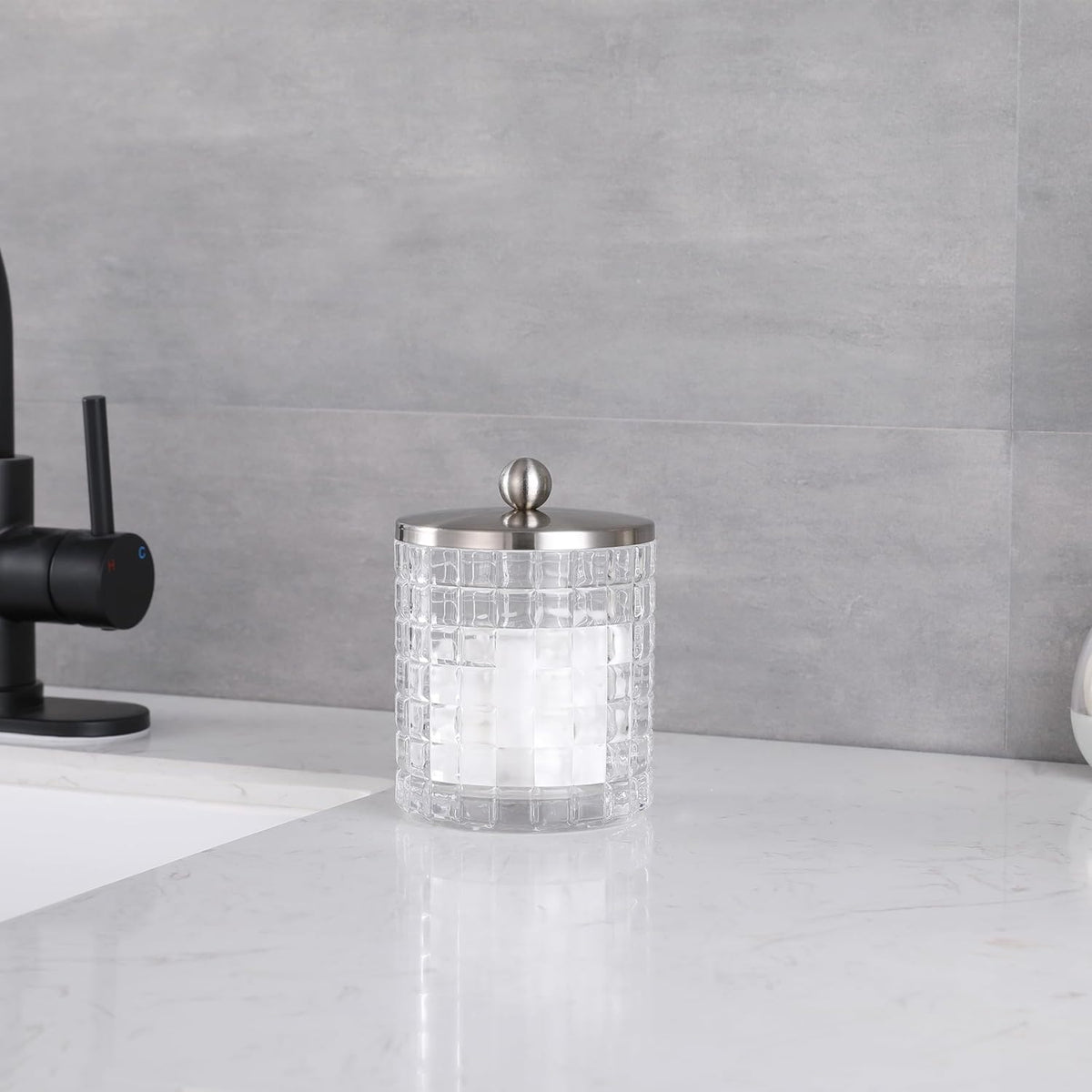 Glass Jar with Metal Lid for Bathroom Organization, Clear Apothecary Jar for Cotton Balls, Q Tips, and Small Accessories, Stylish Bathroom Storage Container Clear, Nickel