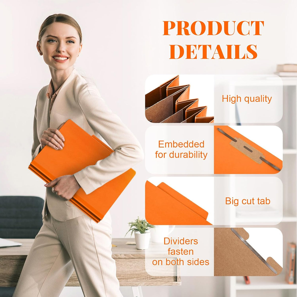 12 Pcs Classification Folders Letter Size, Back to School Supply for Teacher, Student, 3 Dividers Pressboard File Folder Bulk with 2 Fasteners, 3.5 Inch Expanding File Organizer (Orange)