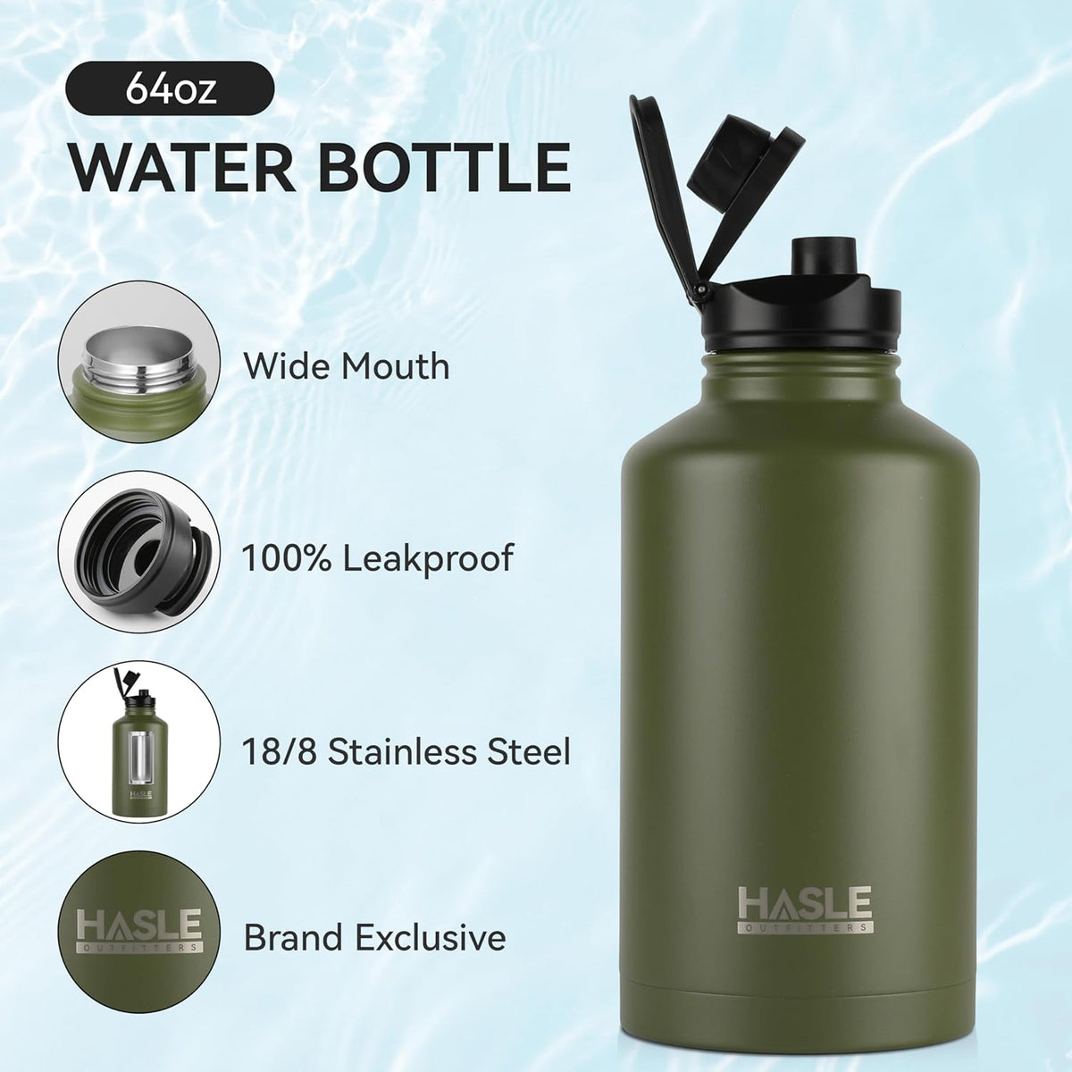 HASLE OUTFITTERS Half Gallon Insulated Water Bottles 64 oz, Stainless Steel Metal Water Jug with 2 Lids Keep Cold 48h/Hot 24h, Leak Proof & BPA-Free Water Flask Jug(Army Green,1)