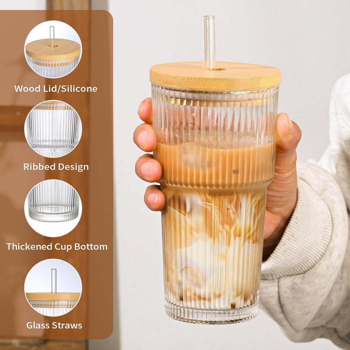 20oz Glass Cups with Lids and Straws,1PCS Ribbed Glass Coffee Cups,Iced Coffee Cups with Lid,Vintage Bamboo Tumbler for Juice,Smoothies