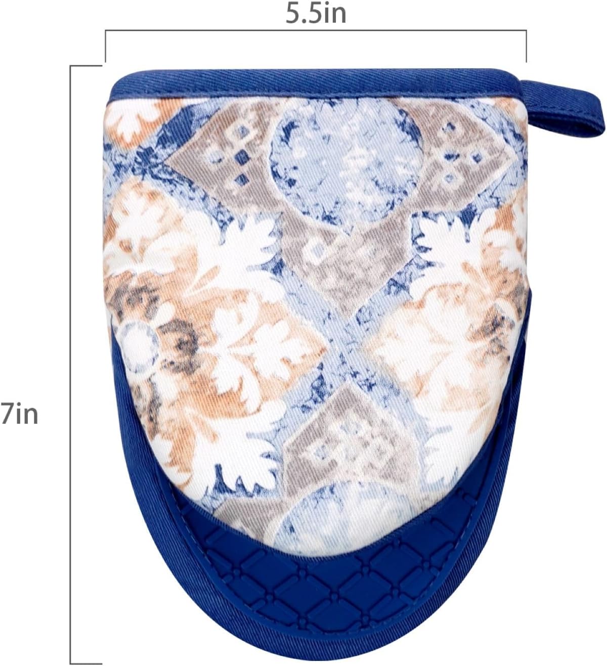 Mini Silicone Oven Mitts, Heat and Slip Resistant Kitchen Mittens 2-Pack Set, Vintage Carpet Flower Short Soft Oven Gloves, Flexible Thick Pot Holders for Safe Cooking Baking and (Dusty Blue)