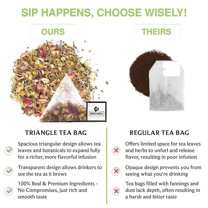 BREWIX, Tulsi Holy Basil Tea Bags (25 Pyramid Bags) | Tulsi Leaves | Holy Basil & Chamomile | Caffeine Free | Herbal Tea Bags | Calming, Fresh and Cool Flavor