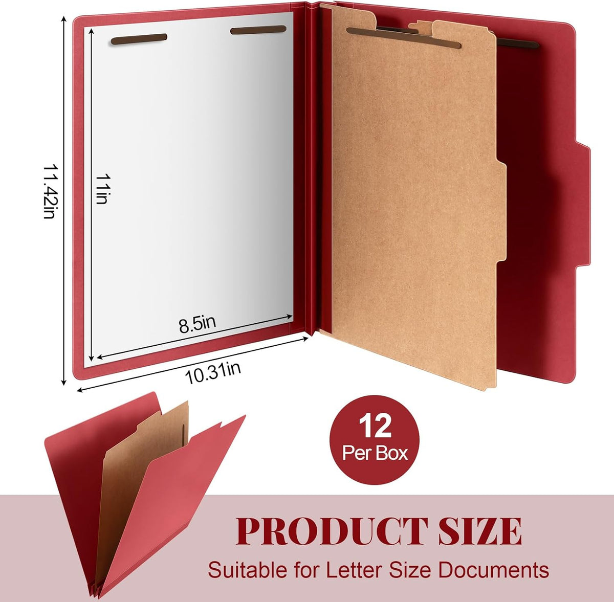 12 Pcs Classification Folders Letter Size, Back to School Supply for Teacher, Student, 1 Divider Pressboard File Folder Bulk with 2 Fasteners, 3.5 Inch Expanding File Organizer (Red)