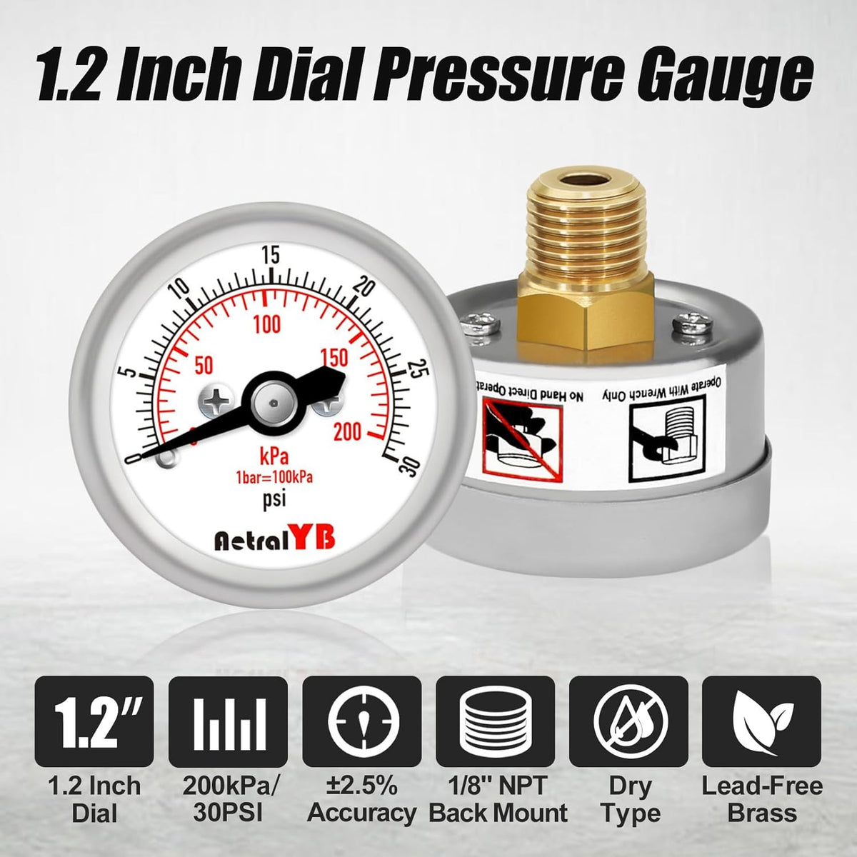 30Psi/200Kpa Mini Pressure Gauge,Stainless Steel Housing,Brass Internal,1.2 Inch Dial,NPT 1/8" Back Mount,Dry Type,Lead-Free Material, for Air,Water,Oil Pressure Test