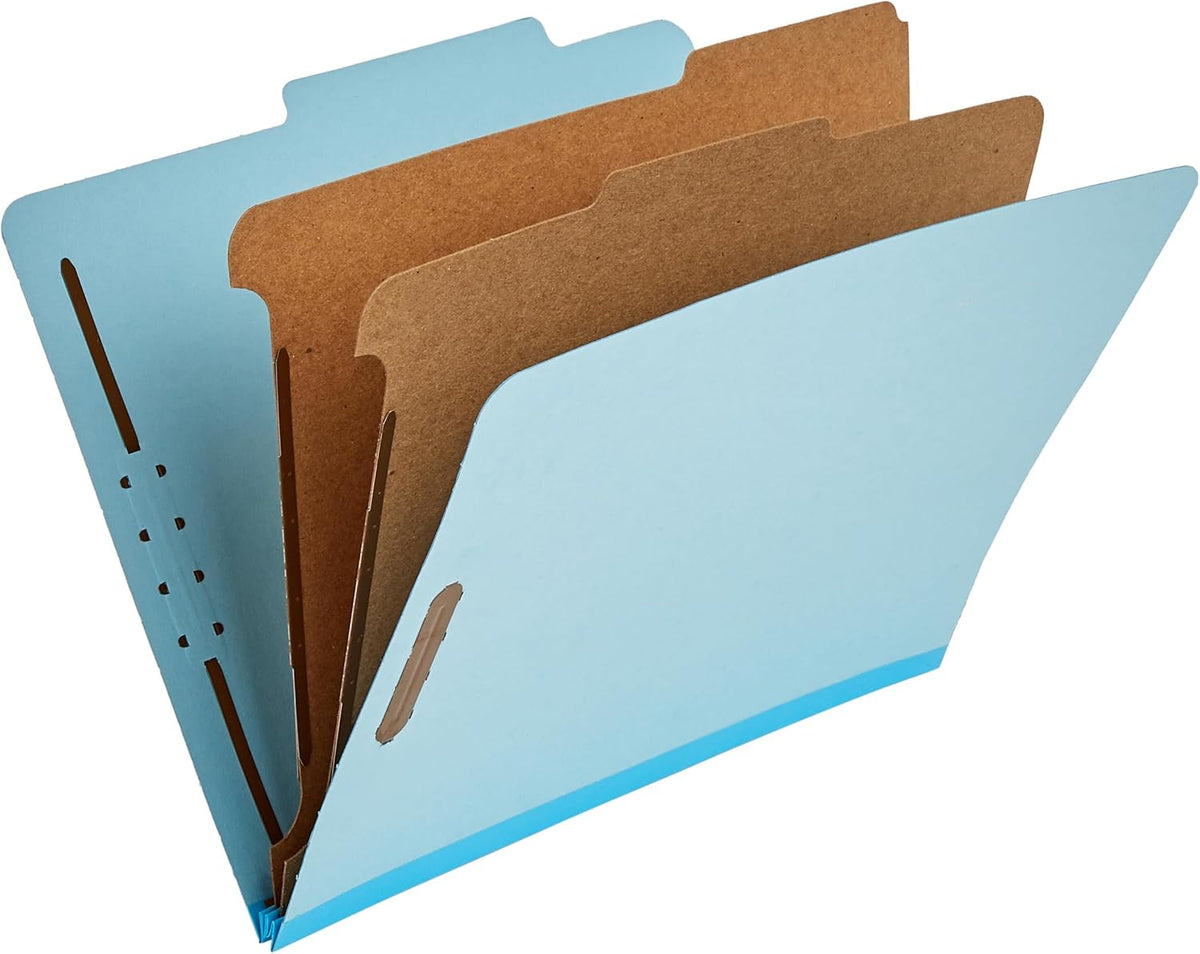 Amazon Basics Classification Folder with Prongs, 100% Recycled, 2 Dividers, 2" Embedded, 12.17 x 10.39 inch (Letter) Size, Light Blue, 10 Count per Box