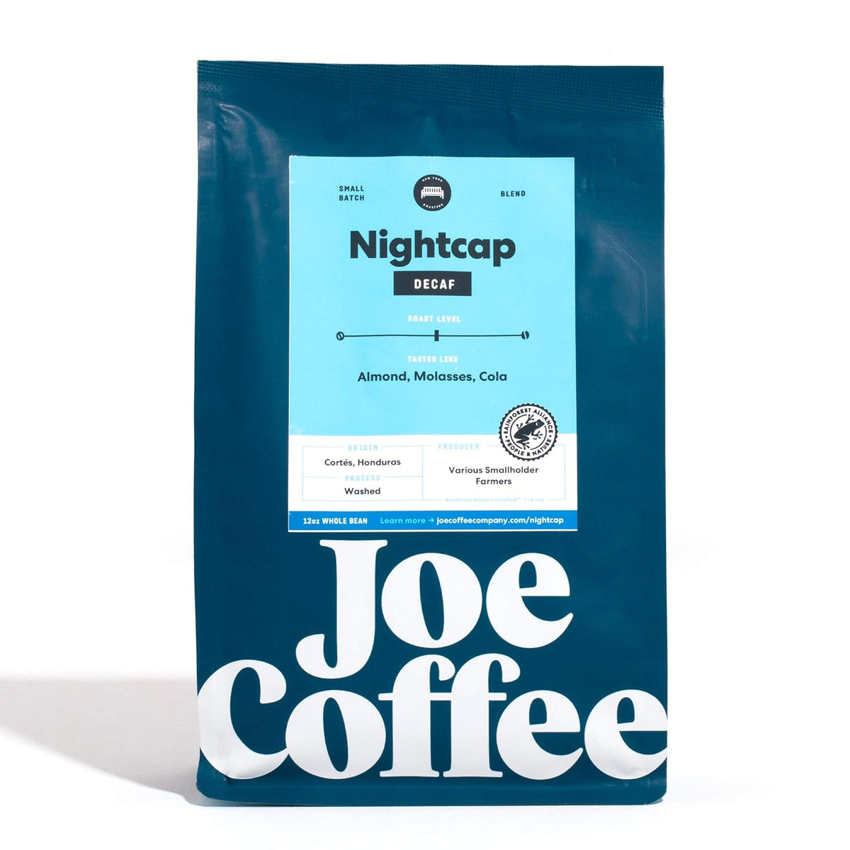 Joe Coffee Company - Nightcap Decaffeinated Whole Bean Specialty Coffee, 12 oz Bag | NYC Roaster, Rainforest Alliance Certified, Kosher, Climate-Friendly