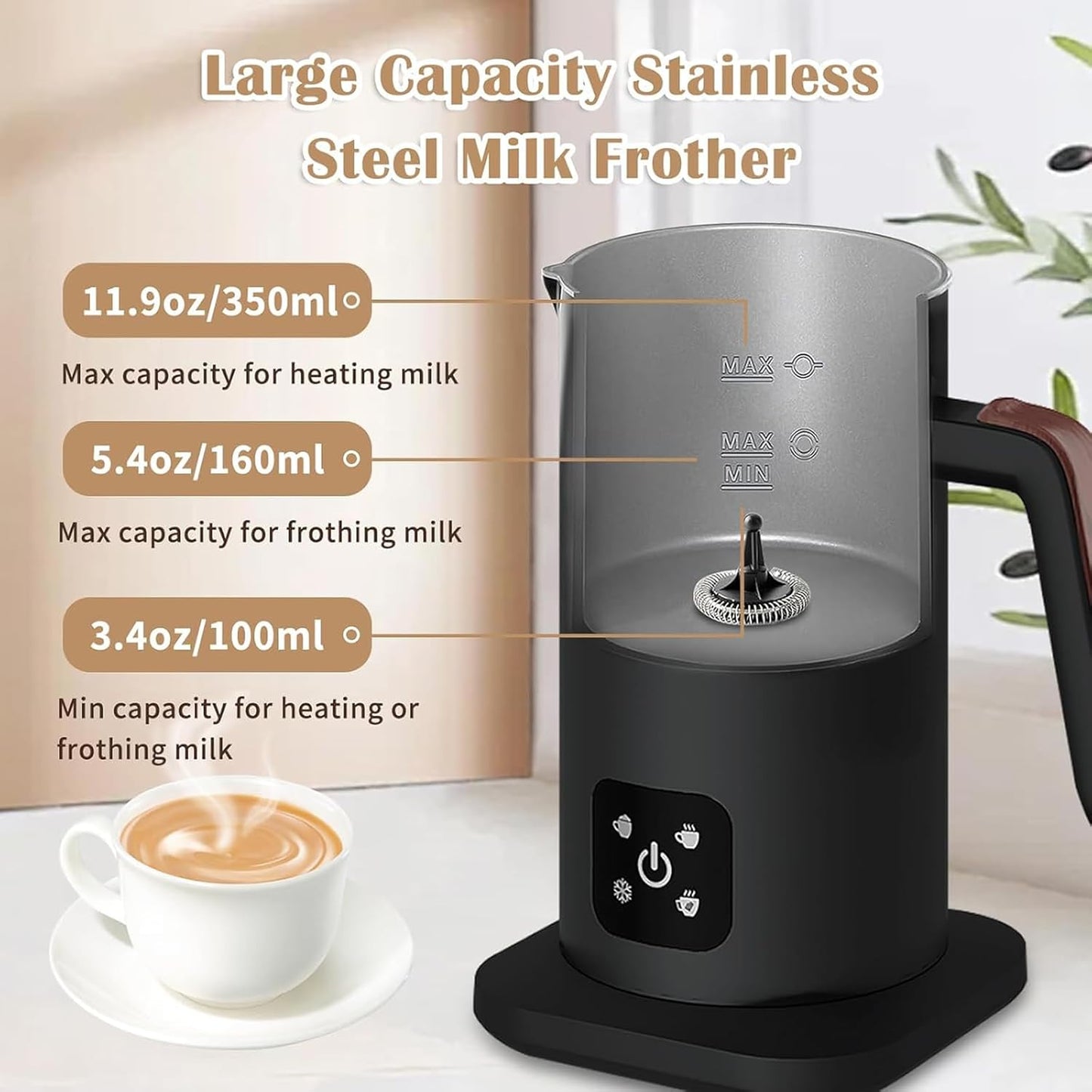 Electric Milk Frother, 4 in 1 Milk Steamer, 11.8oz/350ml Automatic Hot and Cold Foam Maker for Coffee, Latte, Cappuccino, Macchiato, Hot Chocolate, Stainless Steel Body, Matte Black