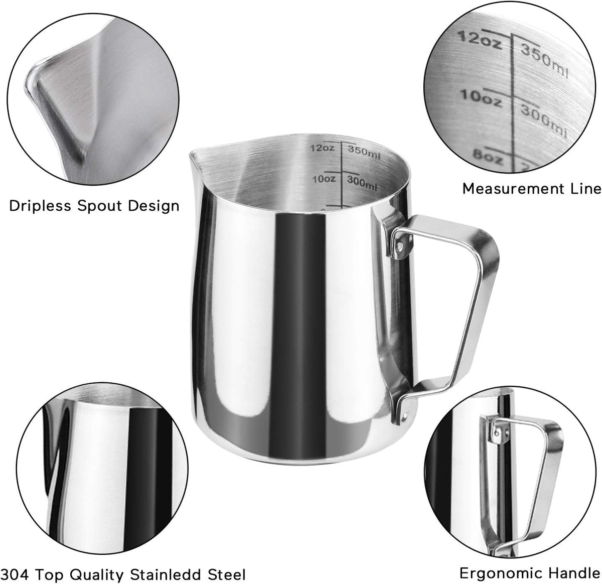SIKEMAY Milk Frothing Pitcher Cup, 12oz/350ML Milk Frother Cup Stainless Steel Steaming Pitcher Milk Jug Coffee Latte with Art Pen Cappuccino Espresso Machine Accessories Barista Steam Pitchers Tools