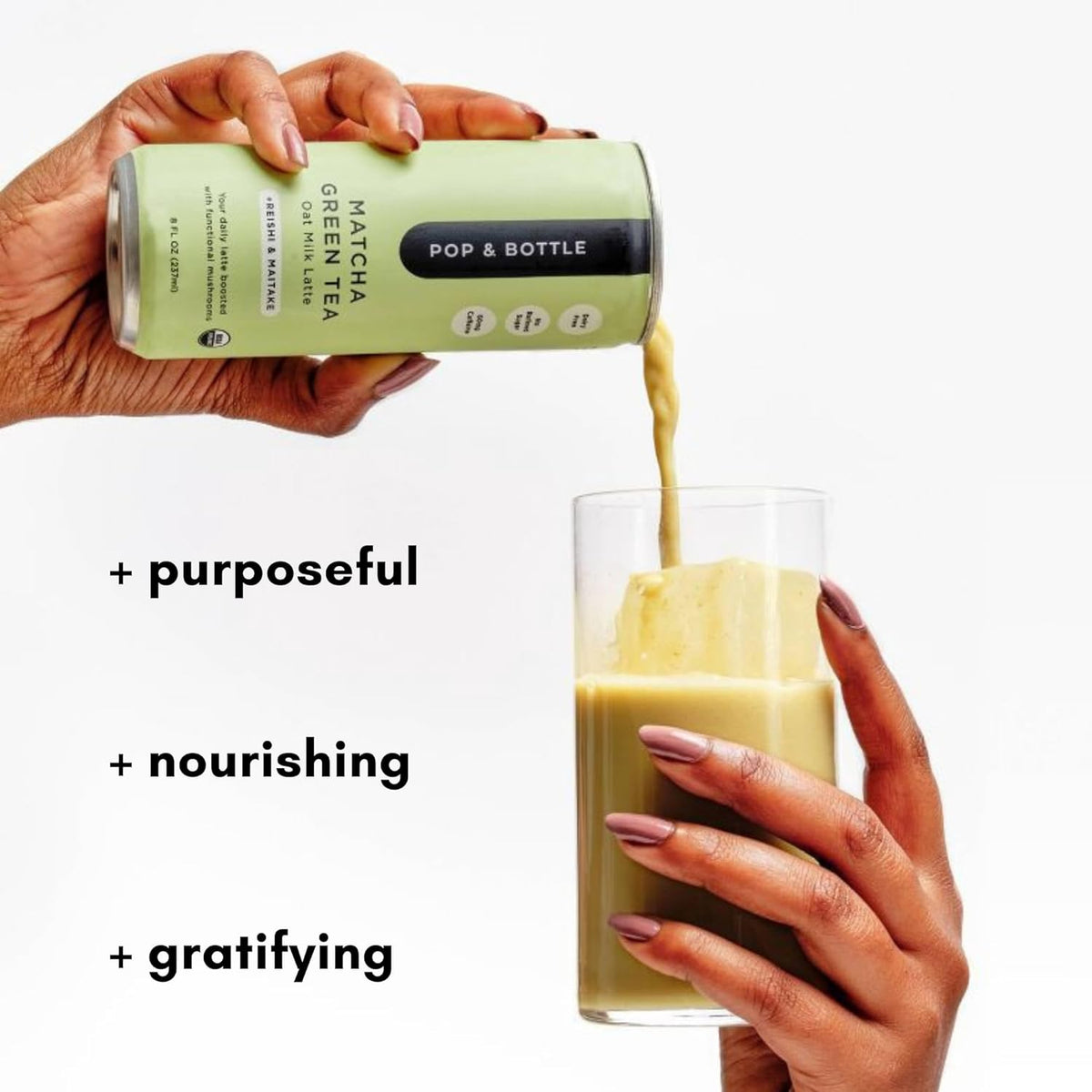 Pop & Bottle, Oat Milk Lattes - Matcha with Reishi and Maitake Mushrooms, Green Tea Latte, MCT Oil, Organic, Dairy Free, Gluten Free, Lightly Sweetened with Dates - Matcha, 8 Fl Oz (12 Pack)