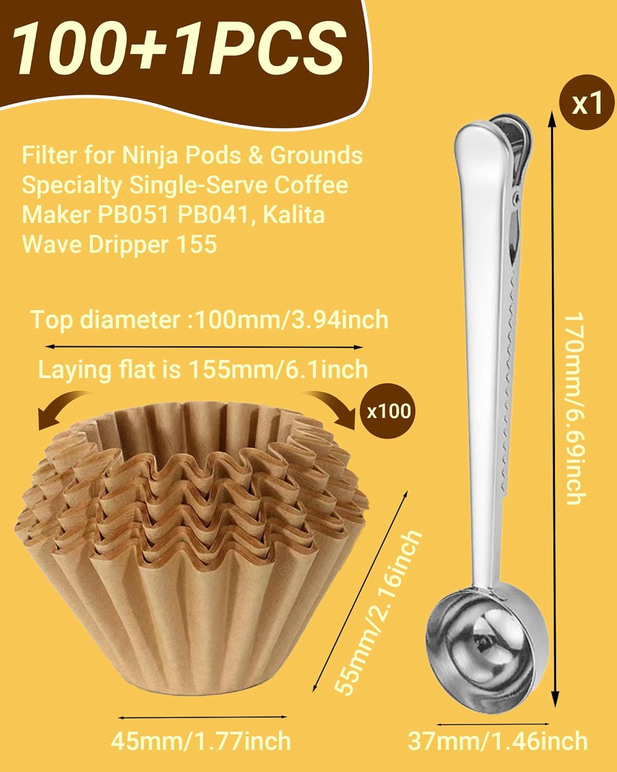 100 Pcs Unbleached Coffee Filters for 1-2 Cup Brewers, Small Disposable Paper Filters - 2-in-1 Stainless Steel Scoop & Clip, Compatible with Single Serve Pots & Travel Makers