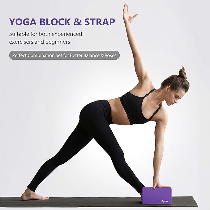 Syntus Yoga Block and Yoga Strap Set, 2 Soft Non-Slip Yoga Blocks 9×6×4 inches, 8FT Metal D-Ring Strap for Yoga, General Fitness, Pilates, Stretching and Toning
