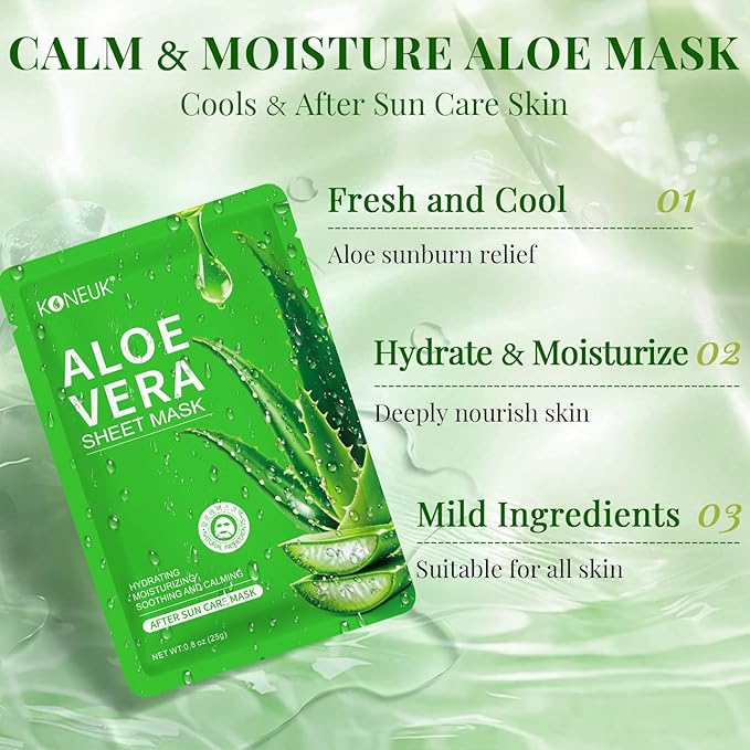 12 Pack Aloe Vera Face Masks Skincare, Sheet Aloe Hydrating Face Mask for Sunburn Relief and After Sun Care, Bulk Aloe Vera Face Mask for Spa Party Gifts