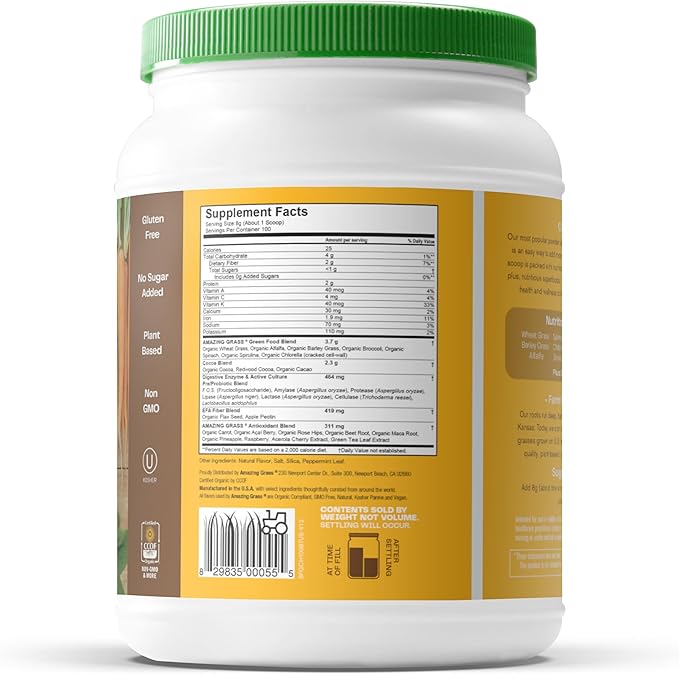 Amazing Grass Greens Superfood Powder: Greens Powder with Digestive Enzymes & Probiotics, Organic Spirulina, Chlorella, and Beet Root Powder, Chocolate, 100 Servings
