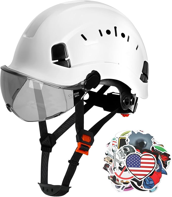 AOLAMEGS Construction Safety Hard Hat - ANSI Z89.1 Approved Safety Helmet with Visor & 50pcs Hard Hat Stickers Sliding Vented Hardhat for Men Women Adults Industrial Workwear Outdoor (Smoke Visor)