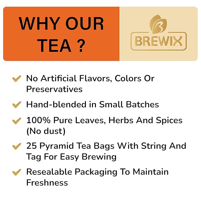 BREWIX, Sweet Orange Hibiscus Tea Bags (25 Pyramid Tea Bags) Caffeine-Free Herbal Tea | Ginger, Hibiscus, Spearmint, Rosehip, Turmeric | Supports Daily Balance & Calm | For Health & Wellbeing | Iced and Hot