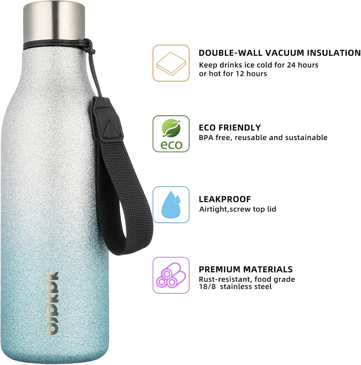 BJPKPK Insulated Water Bottles, 18 oz Stainless Steel Metal Water Bottle with Strap, BPA Free Leak Proof Thermos,Mugs,Flasks, Reusable Water Bottle for Sports & Travel, Sparkling Silver Blue